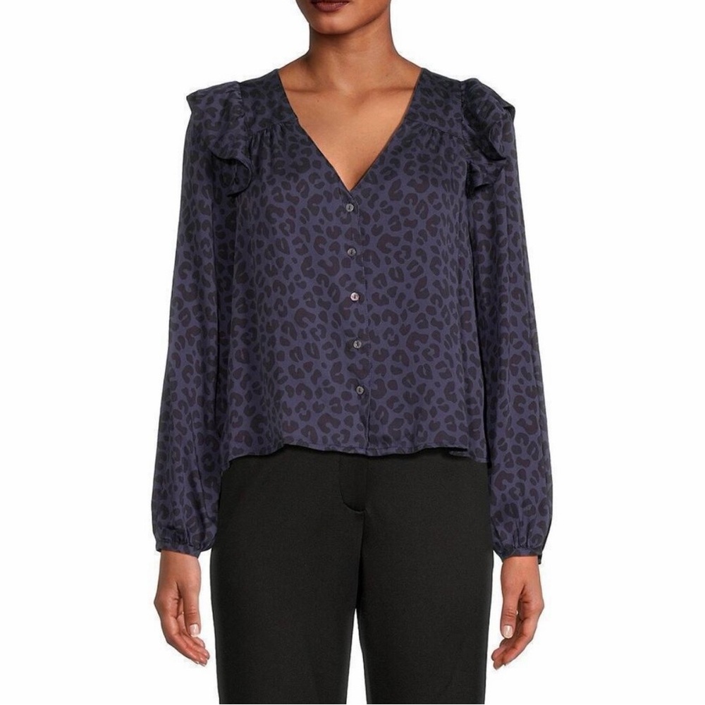 Marine Layer Rory Ruffle Blouse, Blue/Black Cheetah Print, XS